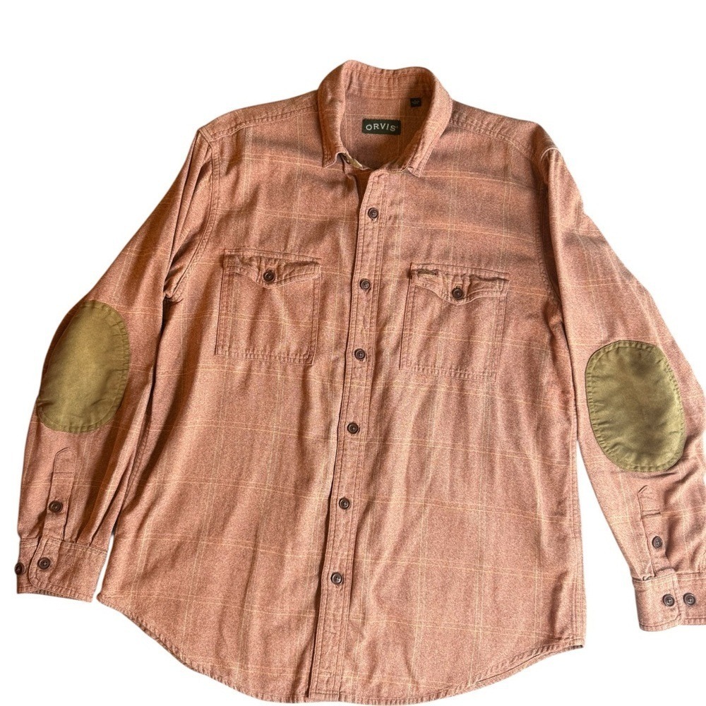 Orvis Men's Rust/Olive Button-Down Shirt‎ with Elbow Patches L